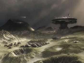 colony, buildings, shuttles, craters, landing platform, clouds HD wallpaper