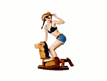 Rocking Cowgirl.., style, cowgirl, fun, brunettes, rocking horse, girls, women, models, boots, western, hats, female HD wallpaper