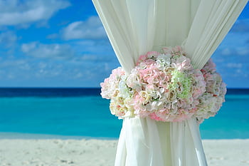 Elegant wedding setup with floral decoration on a tropical beach. HD wallpaper