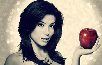 Eva Longoria, white, by cehenot, black, glitter, temptation, girl, actress, woman, red, fruit, apple HD wallpaper