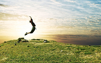 Nature, Grass, Sky, Miscellanea, Miscellaneous, Field, Human, Person, Bounce, Jump HD wallpaper