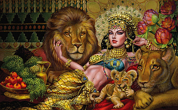Queen of Sheba, art, , girl, lion, woman, sheba, digital, pretty, fantasy, queen HD wallpaper