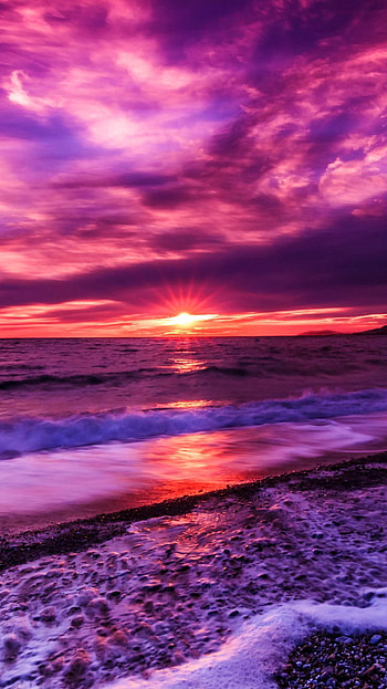 Purple Beach Sunset, purple, sea, ocean, beach, horizon, nature HD phone wallpaper