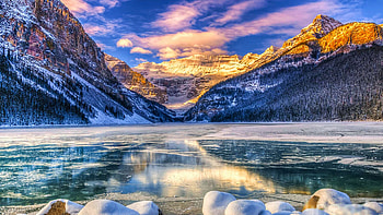 Winter Sunrise Over Scenic Lake Louise, morning, snow, clouds, banff, sky, alberta, canada, mountains HD wallpaper