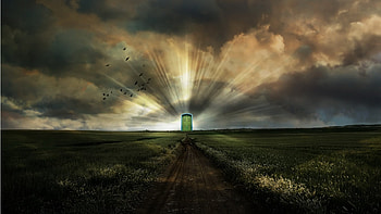 Go To The Light, birds, grass, door, abstract, light, field, green, clouds, sky, beam HD wallpaper