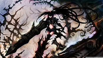 Black Rock Shooter, awesome, cute, long hair, brs, beauty, badass, wicked, sexy, sword, thigh highs, hot, beautiful, black hair, blade, anime girl, cool, weapon, spikes HD wallpaper