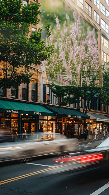 Vibrant Street Scene with Urban Greenery Reflection, city street HD phone wallpaper