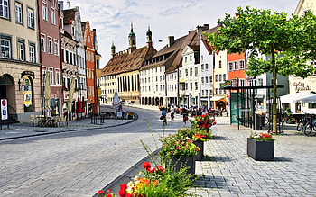 Street in Town, street, church, houses, town, trees HD wallpaper
