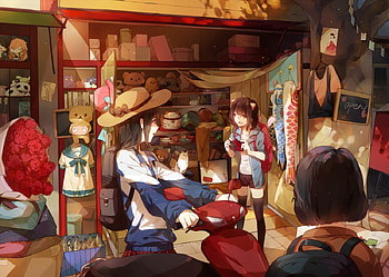 The Stall, bouquet, cute, floral, nice, rose, flower, camera, short hair, stall, bike, female, sexy, sweet, shelf, roses, hot, girl, anime girl, shop, anime, pretty, brown hair, scooter, cap, lovely HD wallpaper