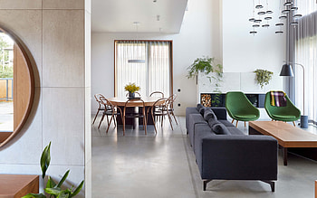 living room, stylish apartment design, modern interior, retro style, green retro armchairs, living room interior design, idea for a retro living room HD wallpaper