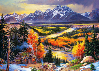 Fall Retreat, river, tetons, clouds, autumn, trees, sky, mountains, cabin, painting HD wallpaper
