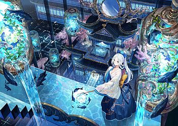 The water room, blue, stuff, girl, fuji choko, summer, pink, anime, fish, luminos, water, manga HD wallpaper