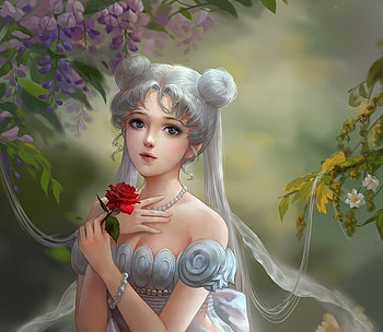 Princess Serenity, frumusete, girl, hand, serenity, rose, sailor, anime, moon, fantasy, flower, red, luna, luminos, princess, manga HD wallpaper