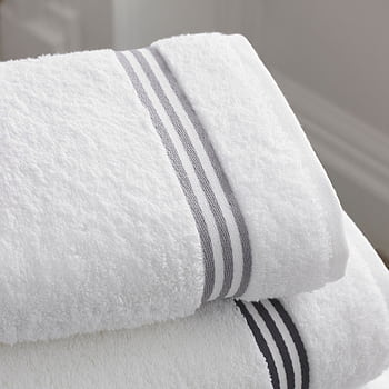 Elegant white towels with gray stripes, perfect for modern bathroom decor. HD phone wallpaper