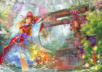 Anime girl, blue, anime, green, red, miyai haruki, girl, luminos, manga HD wallpaper