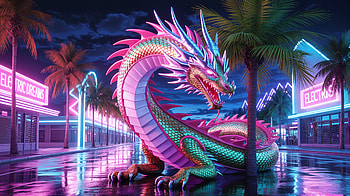 Neon Dragon: Cyberwave Majesty, dragon, neon, palm tree, night HD wallpaper
