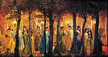 The twelve dancing princesses, art, fantasy, garden, girl, forest, illustration, tree, kinuko y craft HD wallpaper