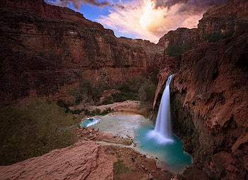 Havasu Falls, river, Arizona, Grand Canyon, waterfalls, beautiful, clouds, trees, reddish rocks, sunset HD wallpaper