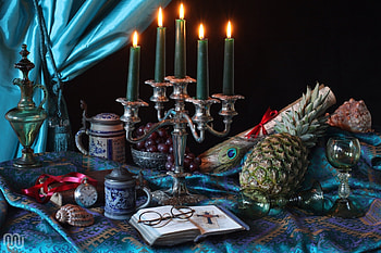 Still life, Pitcher, Candles, Grapes, Glasses, Pen HD wallpaper