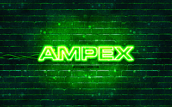 Ampex green logo, , green brickwall, Ampex logo, brands, Ampex neon logo, Ampex HD wallpaper