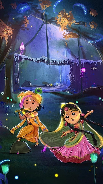 Radha Krishna , Little Krishna, Little Radha, painting HD phone wallpaper