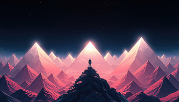 Silhouette Man Standing On Mountain With Glowing Pink Pyramids, mountains, dark, sky, star, silhouette, pyramid, artist, artwork, art, digital-art, ai, deviantart HD wallpaper