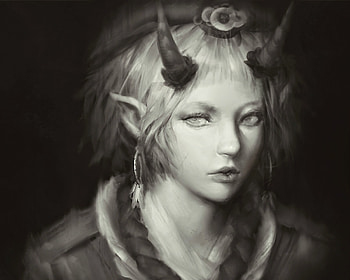 Demon girl, white, black, horns, guweiz, art, bw, girl, demon, fantasy, portrait, face, luminos HD wallpaper