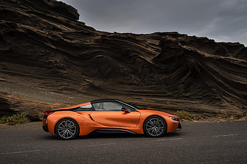 Bmw i8, supercar, orange, side view HD wallpaper