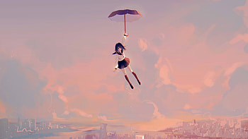 Anime Girl Flying With Umbrella , anime-girl, anime, artist, artwork, digital-art, umbrella HD wallpaper