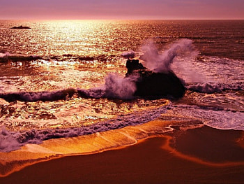 Sunset-sea, waves, The sea, rocks, sunset, beach HD wallpaper