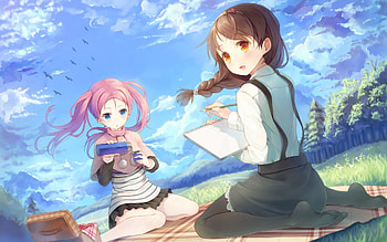 Anime, Girls, Tail, Thermos, Wind, Picnic HD wallpaper