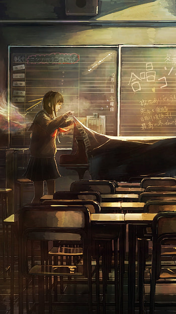 classroom, piano, desk, Anime, Original HD phone wallpaper