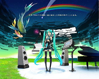 vocaloid 5, miku, 01, piano, rainbow, speakers, fish, vocaloid HD wallpaper