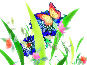 Garden scene, stems, butterfly, petals, flower, garden, grass, greem, nice HD wallpaper