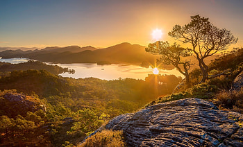 Sunny Lake Landscape, Lakes, Nature, Landscapes, Sun, Mountains, Sky HD wallpaper