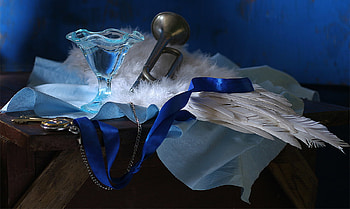 still life, blue, feathers, graphy, angel, beauty, nice, music, glass, , wings, ribbon, elegantly, romance, beautiful, old, tape, key, pretty, trumpet, cool, lovely, harmony HD wallpaper