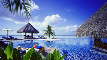 Tropical Beach, water, reflections, sea, gazebo, clouds, sky, palm trees HD wallpaper