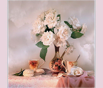Theme roses, rose theme, pink, teacup, green leaves, roses, clouds, vase, soft pink HD wallpaper