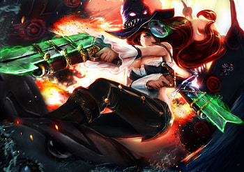 Miss Fortune, games, mask, blue eyes, guns, girl, red hair, weapons, video game, league of legends, video games, game, hat, female HD wallpaper