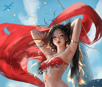 Dancer, red, girl, blue, wlop art, frumusete, gorgeous, superb, wind, jewel, fantasy, princess HD wallpaper