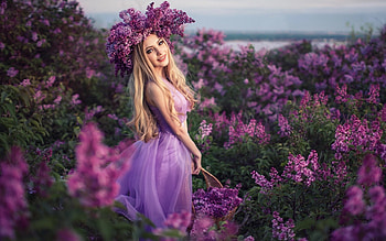 Girl in Lilacs, basket, lilacs, girl, smile HD wallpaper