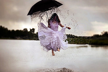 playtime, umbrella, water, woman, splash HD wallpaper