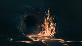 Mysterious cave with glowing lava streams, fantasy, exploration, adventure, warmth, fantasy adventure HD wallpaper