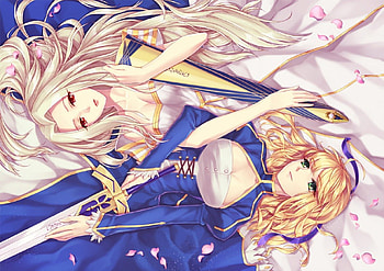 Fate/Zero, fate stay night, long hair, dress, irisviel von einzbern, fate zero, hold sword, petals, flower, lipstick, cherry blossom, laying, blonde hair, duo, female, breasts, sexy, two girls, sword, ribbon, hot, laying down, anime girl, saber, cool, yeruen HD wallpaper