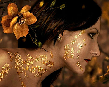 Lady of gold, face, flowers, gold, woman, artistic HD wallpaper