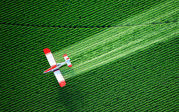 aerial view, flying plane, field pollination, agriculture, summer, green feilds, beautiful nature, R, red plane, agriculture concepts HD wallpaper