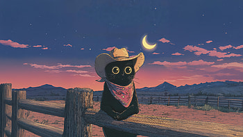 Black Cat Cowboy In Desert Sunset, black, cat, cowboy, moon, desert, field, artist, artwork, art, digital-art HD wallpaper
