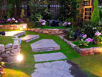 Beautiful greenhouse, purple, stonewalkway, plants, lights, green, flowers, grass HD wallpaper