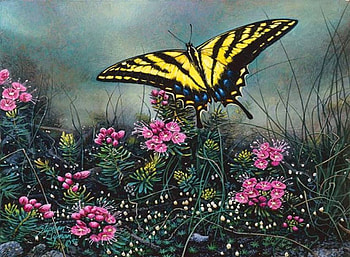 Swallowtail Butterfly, art, yellow swallowtail butterfly, garden, pink flowers, misty HD wallpaper