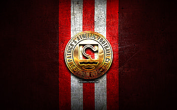 St Patricks Athletic FC, golden logo, League of Ireland Premier Division, red metal background, football, irish football club, St Patricks Athletic FC logo, soccer, FC St Patricks Athletic HD wallpaper